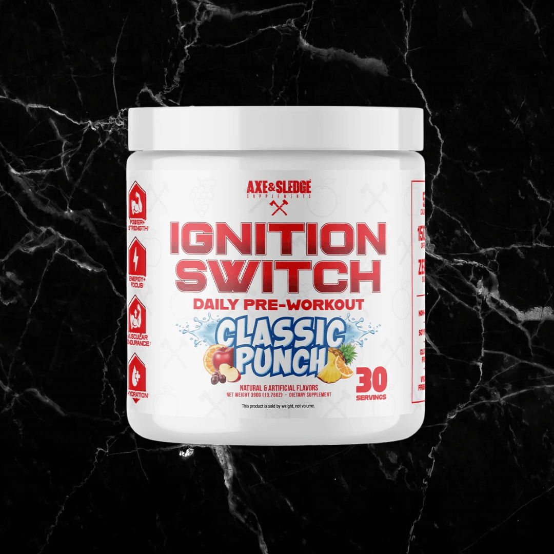 Axe & Sledge Ignition Switch Pre-Workout Classic Punch flavor with 30 servings, designed to boost energy, focus, and endurance for intense workouts.